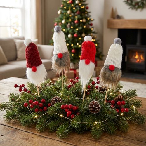 Lot de 12 figurines lutins à piquer avec bonnet tricoté Rouge, Blanc et Gris 11–13 cm | Floristik24.fr
