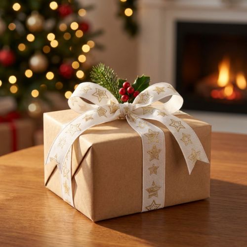 Ruban de Noël motif étoile or blanc 25 mm 18 m | Floristik24.fr