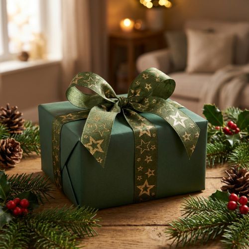 Ruban décoratif de Noël avec étoiles vert doré L25mm L15m | Floristik24.fr