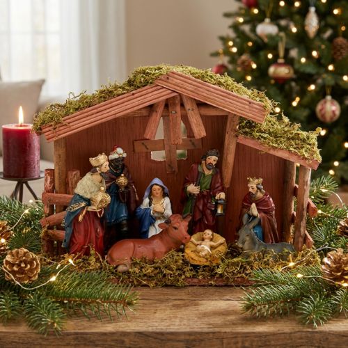 Crèche de Noël en Bois et Mois avec Figurines - 30 x 21 x 10 cm | Floristik24.fr