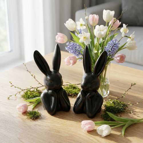 Buste de lapin méditatif en céramique noir mat 7×6×15 cm - Lot de 2 | Floristik24.fr