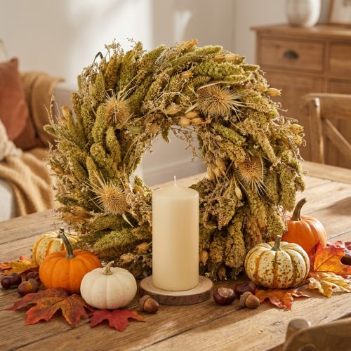Couronne Décorative en Kardes Séchées et Millet Jaune-Olive 28 cm | Floristik24.fr