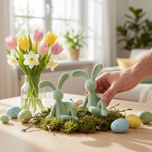 Figurines décoratives Lapins de Pâques vertes en plastique 22 cm - Lot de 2 | Floristik24.fr
