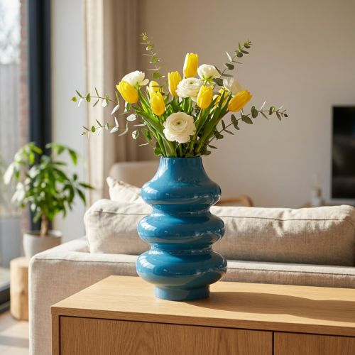 Vase décoratif bleu en métal avec surface ondulée - 23cm | Floristik24.fr