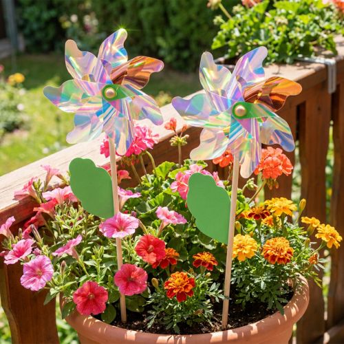 Article Moulin à Vent Fleur Irisée avec Feuille en Bois Ø24 cm - Lot de 2