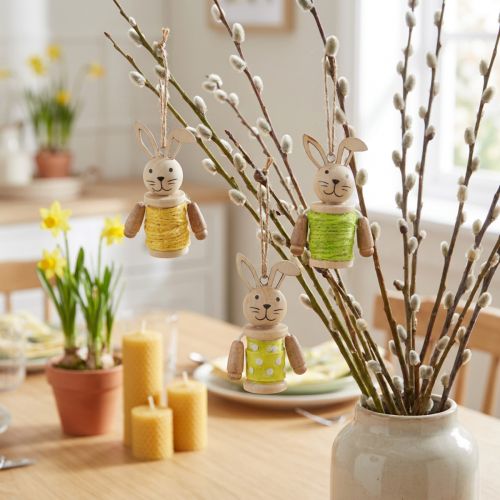 Set de 9 lapins décoratifs en bois à suspendre avec cordon en jute | Floristik24.fr