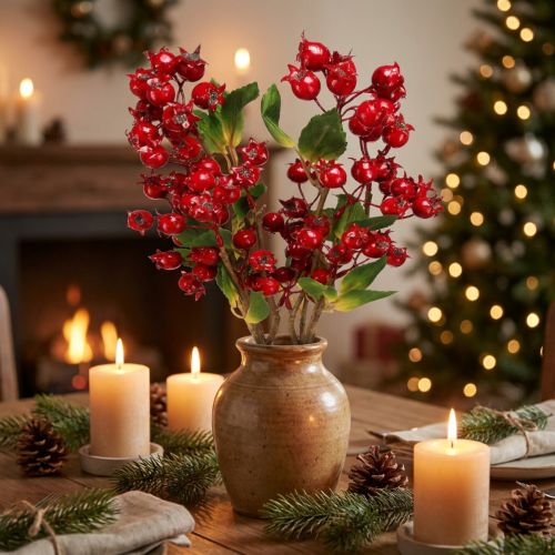 Branche Décorative de Faux Cynorrhodons Rouges avec Feuillage, 60 cm, Set de 2 | Floristik24.fr