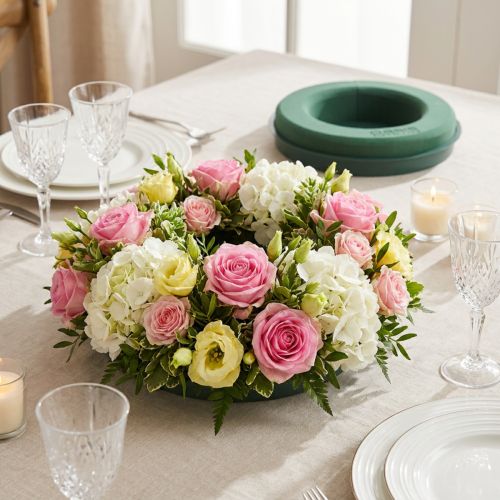 Anneau en mousse florale avec base et réservoir d'eau Ø24cm vert - Lot de 2 | Floristik24.fr