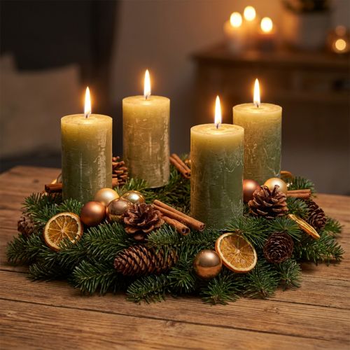 Bougies cylindriques marbrées olivâtre 70×120 mm - Lot de 4, longue durée 53 h | Floristik24.fr