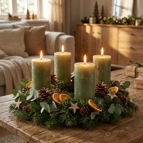 Bougies piliers vert olive marbrées 60 × 100 mm – Lot de 4 | Floristik24.fr