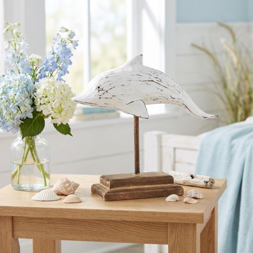 Statue dauphin en bois blanc sur socle 28×6,5×26 cm | Floristik24.fr