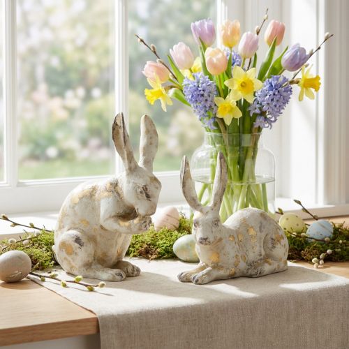 Article Figurines Lapins Décoratives Blanc et Doré en Résine - Lot de 2