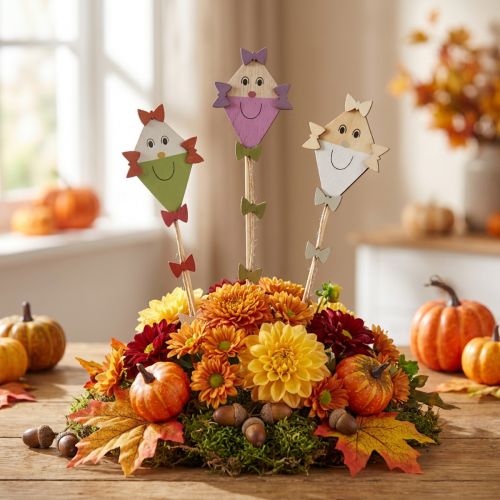 Lot de 9 décorations d'automne en forme de cerf-volant en bois sur tige – 5,5 × 8 cm | Floristik24.fr