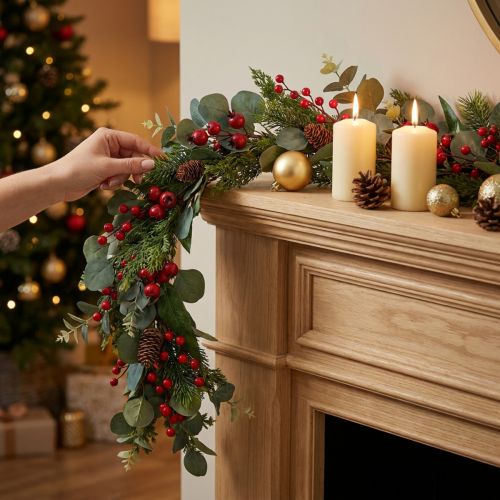 Guirlande de Noël 160 cm avec Branches de Sapin, Eucalyptus, Conifères et Baies | Floristik24.fr