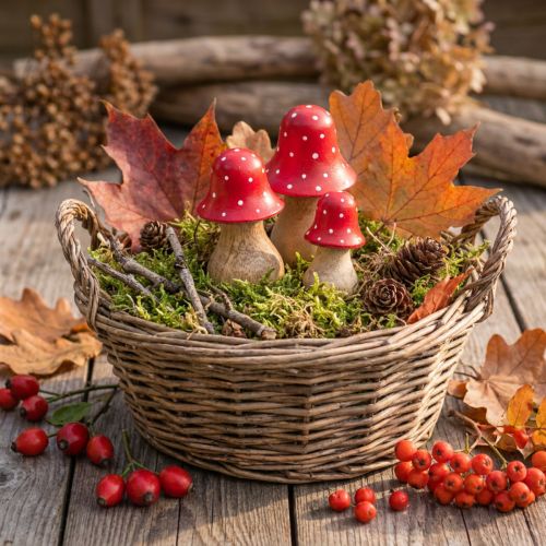 Lot de 3 champignons décoratifs en bois – Rouge, blanc et naturel – H6/8/10 cm | Floristik24.fr