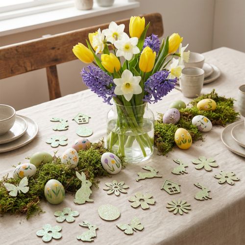 Lot de 64 Décorations en Bois Vert Printemps et Pâques 2-4 cm | Floristik24.fr