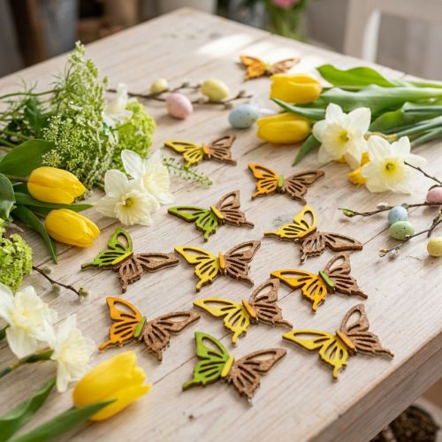 Lot de 24 Papillons en Bois Multicolores pour Décoration – Vert, Jaune, Orange, 3x4cm | Floristik24.fr