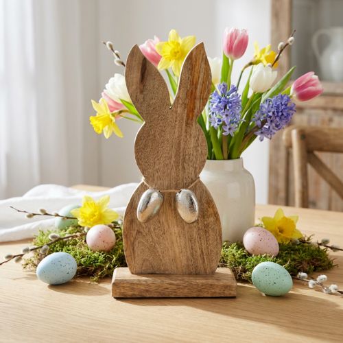 Décoration Lapin de Pâques en Bois avec Œufs Métalliques – H31cm | Floristik24.fr