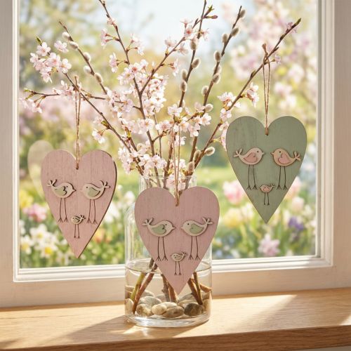 Cœurs en bois décoratifs à suspendre avec motif d’oiseaux - Lot de 6 - H16 cm | Floristik24.fr