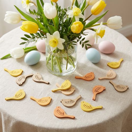 Décoration en bois oiseaux - Jaune, beige et orange - 72 pièces | Floristik24.fr