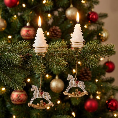 Article Porte-bougies de sapin de Noël cheval à bascule en métal et plastique 20 cm or 3 pièces