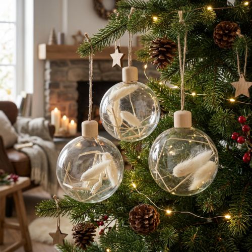 Set de 3 boules décoratives en verre remplies de fleurs séchées Ø8 cm | Floristik24.fr
