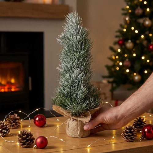 Mini sapin de Noël artificiel enneigé dans un sac en jute H41cm | Floristik24.fr