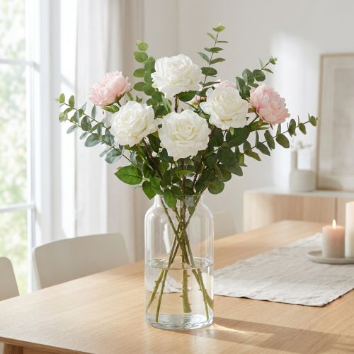 Rose blanche artificielle sur tige, L72cm, tête Ø13cm | Floristik24.fr