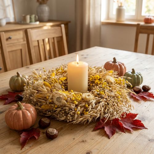 Couronne décorative en avoine séchée avec fleurs jaunes et blanches Ø29cm | Floristik24.fr