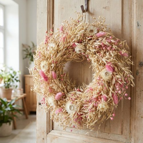 Couronne décorative en avoine séchée et fleurs roses Ø29 cm | Floristik24.fr