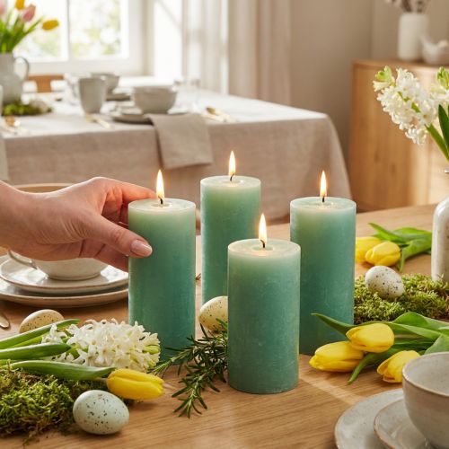 Bougies piliers teintées dans la masse vert jade 70×100 mm - Lot de 4 | Floristik24.fr