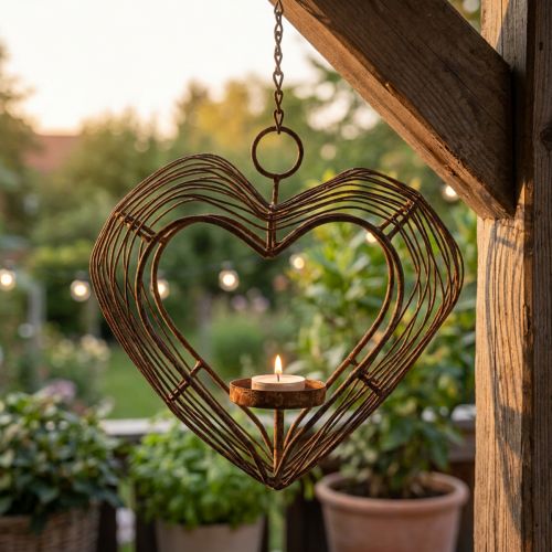 Photophore suspendu en métal en forme de cœur rouillé 22×7×20cm | Floristik24.fr