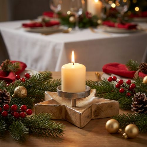 Bougeoir Étoile en Bois et Métal, Décoration de Table Noël, H7cm Ø20cm | Floristik24.fr