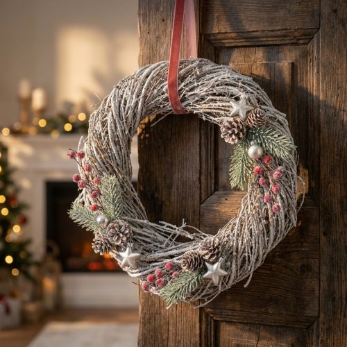 Couronne décorative en branches de pin blanchies Ø30cm | Floristik24.fr