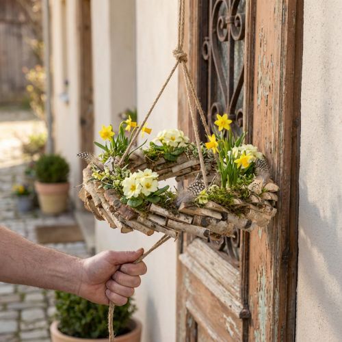Couronne en bois de bouleau à suspendre avec crochets - Ø35 cm | Floristik24.fr