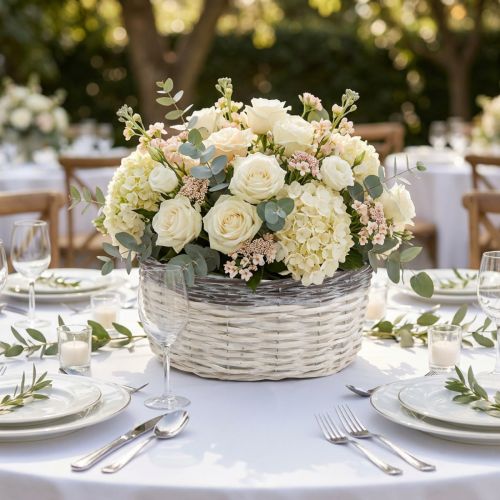 Panier rond décoratif blanc et brun Ø29 cm – Jardinière en bois tressé avec film plastique | Floristik24.fr