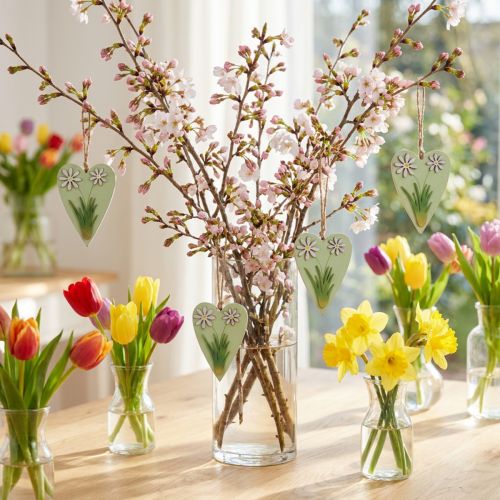 Cœurs décoratifs en bois à suspendre avec fleurs - Vert et blanc - Lot de 4 - 8,5×12 cm | Floristik24.fr