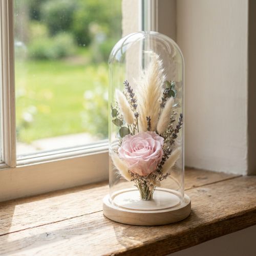 Article Cloche en Verre avec Base en Bois Naturel Ø14cm H28,5cm