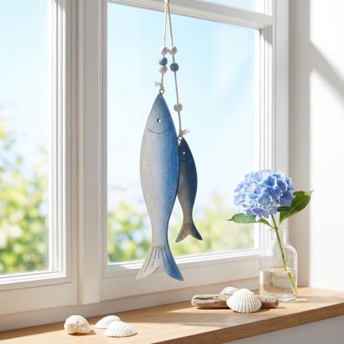 Suspension décorative en bois poissons bleu et blanc – Lot de 2 | Floristik24.fr