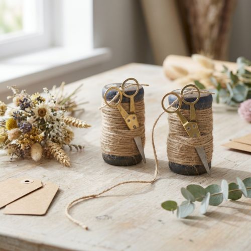 Bobine de ruban en jute avec ciseaux Ø5cm H8cm 2 pièces | Floristik24.fr