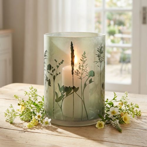 Lanterne en verre décorative motifs herbes vertes et blanches - Hauteur 24 cm | Floristik24.fr