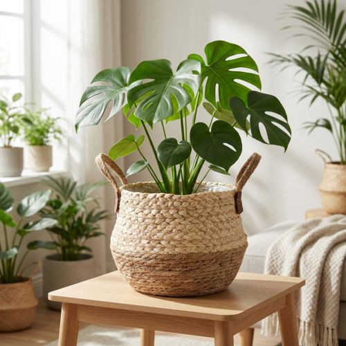 Panier rond en seagrass avec poignées en jute Ø23cm H20cm - Style boho et jungle urbaine | Floristik24.fr