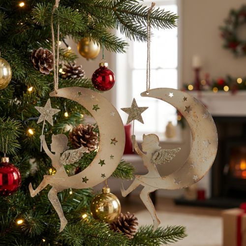Décoration à suspendre ange et lune en métal doré – Lot de 2 | Floristik24.fr