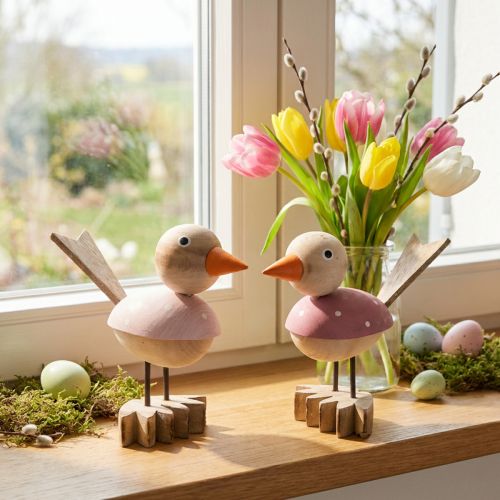 Figurines décoratives en bois oiseaux roses 15 cm – Lot de 2 | Floristik24.fr