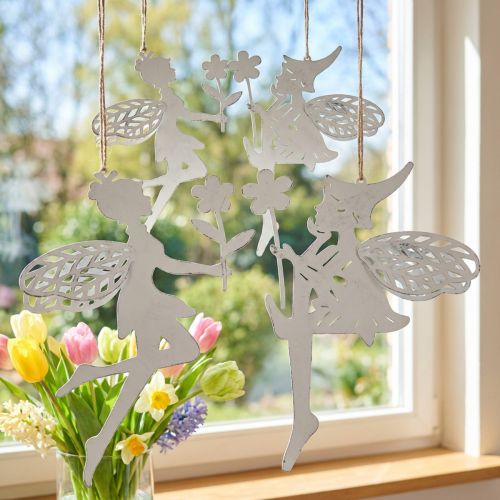 Figurines Suspendues Elfes en Métal Blanc avec Fleurs, Lot de 4, H20cm | Floristik24.fr