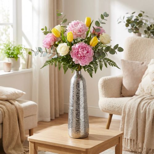 Vase décoratif en métal martelé argenté Ø9,5cm H32cm | Floristik24.fr