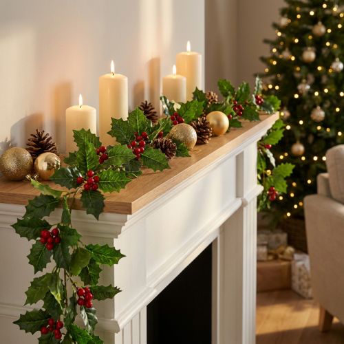Guirlande de Houx Artificielle avec Baies Rouges - 160 cm | Floristik24.fr