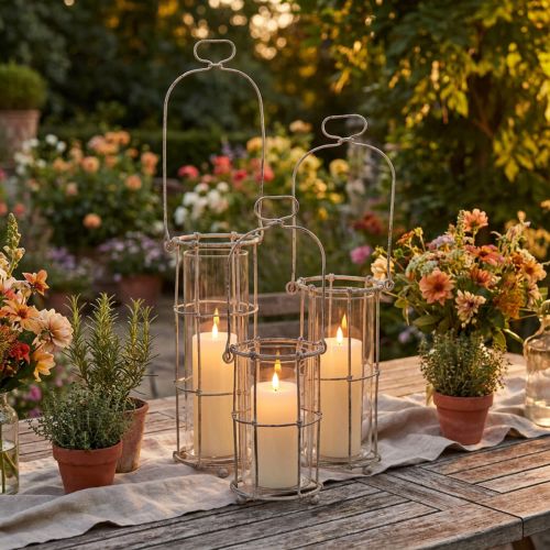 Set de 3 lanterneaux en métal avec insert en verre - Ø8,5cm et H23/18,5/14,5cm | Floristik24.fr