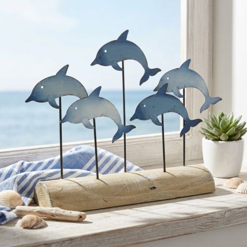 Dauphins décoratifs en métal sur socle en bois, 24,5 cm x 32,5 cm | Floristik24.fr