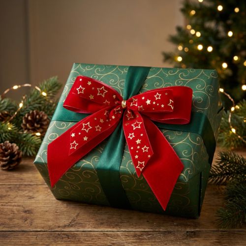 Noeud décoratif 4cm de large Noeud de Noël rouge avec étoiles dorées Noeud fait main 16×15cm 2pcs | Floristik24.fr